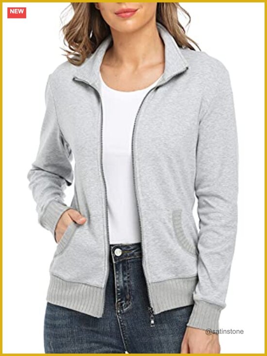 Jackets & Blazers - Zip Up Hoodless Sweatshirt Jacket with Pockets Regular Fit Cotton